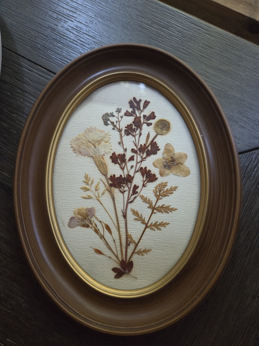 Vintage Pressed Flower Wall Art in Brown and Gold Oval Frame